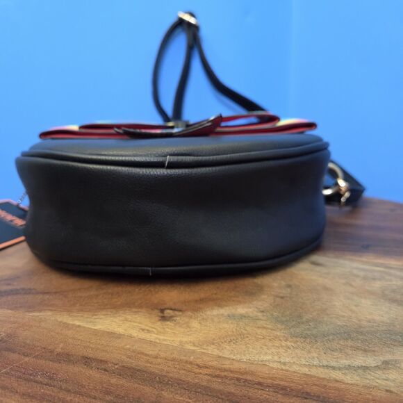 DIOPHY Round Crossbody Bag Black w/ Rainbow Stripe Bow Vegan Leather 9" - Picture 6 of 11